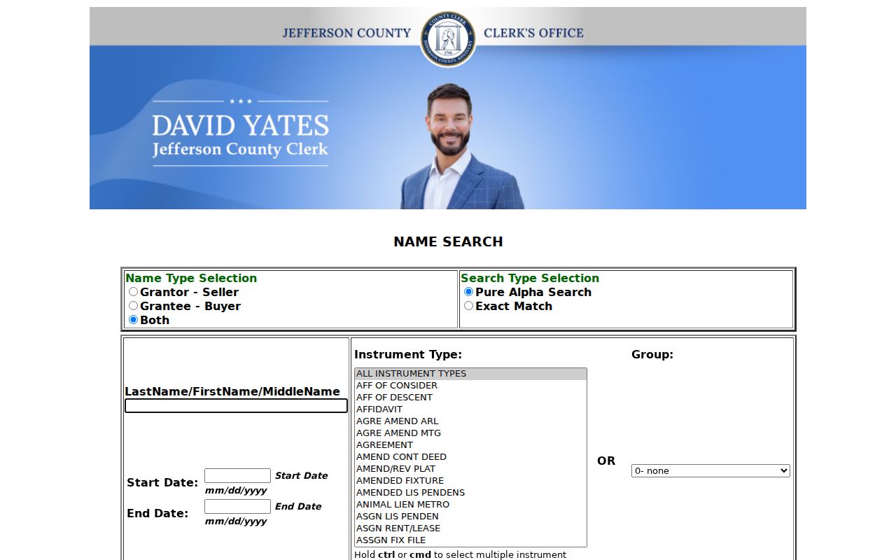 Jefferson County deed index party name search controls