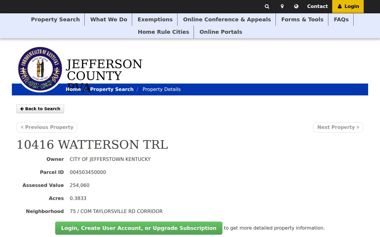 Jefferson County PVA street search result for Jeffersontown City Hall